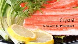  Presentation with vegetables - Presentation consisting of crabmeat sticks with vegetables on a white background background and a coral colored foreground
