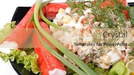  Presentation with salad - Presentation theme having crabmeat sticks with vegetables and salad on a white background background and a coral colored foreground