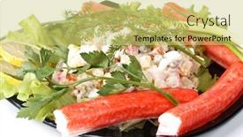  Presentation with salad - Theme enhanced with crabmeat sticks with vegetables and salad on a white background background and a yellow colored foreground