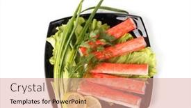  Presentation with vegetables - Audience pleasing presentation theme consisting of crabmeat sticks with vegetables on a white background backdrop and a coral colored foreground