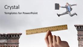  Presentation with gap - PPT theme consisting of crack bridge - young successful businessman jumping background and a  colored foreground