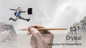  Presentation with successful - Presentation theme with crack bridge - young successful businessman jumping background and a  colored foreground