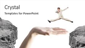  Presentation with successful - PPT theme having crack bridge - young successful businessman jumping background and a  colored foreground