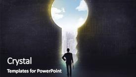  Presentation with solution - Audience pleasing PPT theme consisting of success door - businessman looking a big key backdrop and a dark gray colored foreground