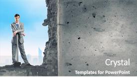  Presentation with cracked wall - Amazing presentation design having cracked wall - determined businessman with big hammer backdrop and a gray colored foreground