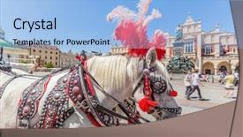  Presentation with town hall - Beautiful slides featuring cracow poland traditional horse carriage on the main old town market square cloth hall and mickiewicz monument behind backdrop and a light blue colored foreground