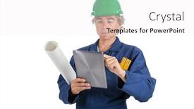  Presentation with craftsman - PPT theme consisting of craftsman at work with tablet isolated over white background background and a white colored foreground