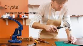  Presentation with craftsman - Presentation design enhanced with craftsman-hammering-nail-into-leather background and a coral colored foreground