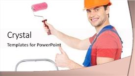  Presentation with craftsman - PPT layouts having craftsman painter stands on the stairs with roller and showing the thumbs up sign full portrait over white background background and a sky blue colored foreground