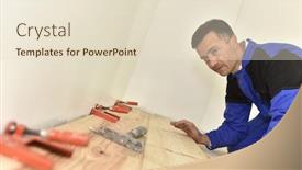  Presentation with craftsman - Presentation design featuring craftsman putting wooden floor in room background and a lemonade colored foreground