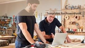  Presentation with computer misuse act - PPT theme featuring craftsman-senior-and-trainee-discussing background and a coral colored foreground