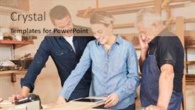  Presentation with computer workshop - Cool new PPT theme with craftsman team and wife as apprentice using tablet computer in joinery workshop backdrop and a coral colored foreground