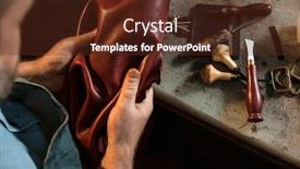 Presentation with leather craft - Colorful PPT theme enhanced with craftsman-touching-leather-close-up backdrop and a tawny brown colored foreground
