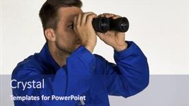  Presentation with craftsman - Slide deck having craftsman with binoculars background and a navy blue colored foreground