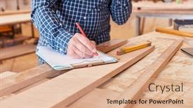  Presentation with craftsman - PPT theme consisting of craftsman with pencil and checklist plans and organizes a job background and a coral colored foreground