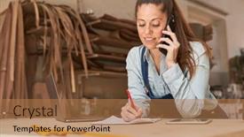  Presentation with craftsman - Presentation theme featuring craftsman-woman-at-customer-consultation background and a coral colored foreground