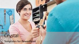  Presentation with young students working in groups - Audience pleasing PPT theme consisting of craftsmans trainee working on new backdrop and a  colored foreground