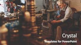  Presentation with craftsmanship - Theme featuring craftsmanship - elderly shoemaker at work background and a tawny brown colored foreground