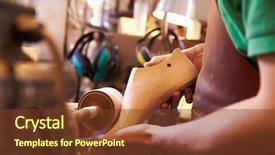  Presentation with craftsmanship - Colorful slide set enhanced with craftsmanship - hands of shoemaker shaping shoe backdrop and a tawny brown colored foreground