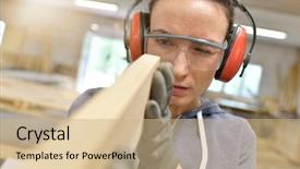  Presentation with wood industry - Amazing PPT theme having craftsmanship - woman in professional training wood backdrop and a coral colored foreground