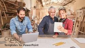  Presentation with computers - Amazing slide deck having craftsmen-team-with-computers backdrop and a coral colored foreground