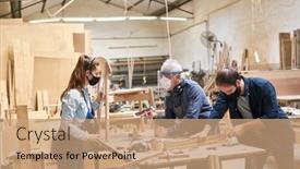  Presentation with face masks - Amazing slide deck having craftsmen-team-with-face-masks backdrop and a coral colored foreground