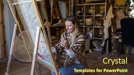  Presentation with weaving loom - Slide deck having crafty-woman-weaving background and a tawny brown colored foreground