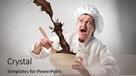 Presentation with spilling - PPT theme enhanced with cramming - funny female cook spilling cake background and a coral colored foreground