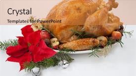  Presentation with white christmas - PPT theme having cranberry christmas ornaments and poinsettia background and a gold colored foreground