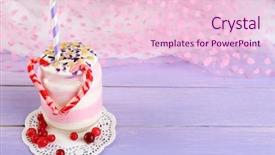  Presentation with dessert - Cool new slides with cranberry milk dessert in glass jar on color wooden table on bright background backdrop and a lemonade colored foreground