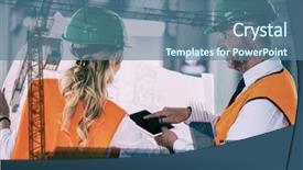  Presentation with architects - Colorful PPT theme enhanced with crane and building construction site against architects discussing with blueprint backdrop and a ocean colored foreground