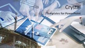  Presentation with crane - Colorful presentation design enhanced with crane and building construction site against cropped image of businesspeople discussing chart and graph backdrop and a light blue colored foreground