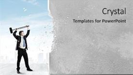  Presentation with wall street stocks - Presentation having crash barrier - young determined businessman crashing wall background and a light gray colored foreground