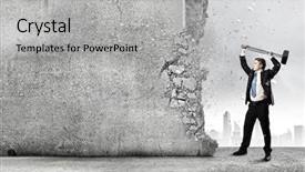  Presentation with wall - Beautiful slide set featuring crash barrier - young determined businessman crashing wall backdrop and a  colored foreground