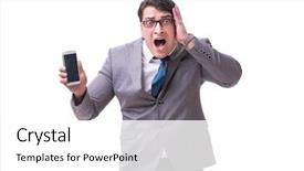  Presentation with phone - Colorful PPT theme enhanced with crash screen - businessman with mobile phone isolated backdrop and a white colored foreground