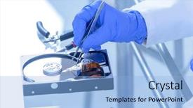  Presentation with failure - Slide deck featuring crash test - service man fixing disk failure background and a  colored foreground