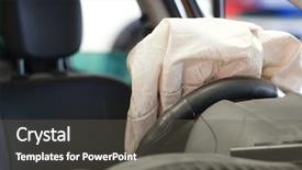  Presentation with car accident - PPT theme featuring crash test dummy - airbag exploded at a car background and a dark gray colored foreground