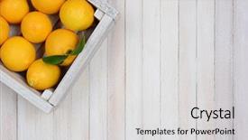  Presentation with rustic wood - Amazing slide deck having crate of fresh picked lemons on a rustic white wood table in the upper left corner of the frame horizontal format with copy space backdrop and a light gray colored foreground