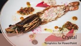  Presentation with restaurant downlodes - Theme enhanced with crawfish boil - lagustine tartare closeup tasty restaurant background and a coral colored foreground