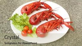  Presentation with white plate - Slides consisting of cray - crayfish seafood cooked dish background and a  colored foreground