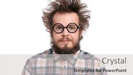  Presentation with vernier caliper bearing isolated - Colorful slide set enhanced with crazy-bearded-man-in-eyeglasses backdrop and a light gray colored foreground