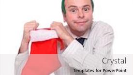  Presentation with new year card - PPT theme enhanced with crazy businessman with reindeer attire and santa's sock funny image great for christmas and new year greeting card background and a light gray colored foreground