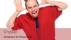  Presentation with new year card - Beautiful presentation design featuring crazy businessman with reindeer attire funny image great for christmas and new year greeting card backdrop and a red colored foreground