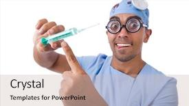 Presentation with syringe - PPT layouts consisting of crazy doctor with syringe isolated background and a soft green colored foreground