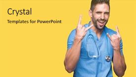  Presentation with punk rock music - Audience pleasing PPT layouts consisting of crazy expression doing rock symbol backdrop and a yellow colored foreground