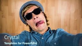  Presentation with crazy - Slides enhanced with crazy hipster wearing sunglasses against wooden wall background and a ocean colored foreground