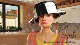  Presentation with paella pan of rice - Audience pleasing PPT theme consisting of crazy housewife with sause pan backdrop and a coral colored foreground