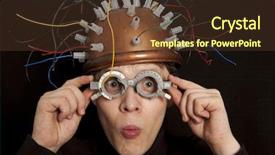  Presentation with inventor - Slide deck with crazy inventor helmet for brain background and a tawny brown colored foreground