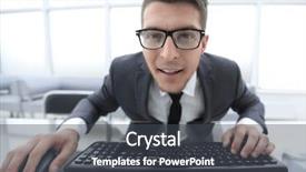  Presentation with man looking up happy - Amazing presentation theme having crazy looking nerdy man typing backdrop and a dark gray colored foreground