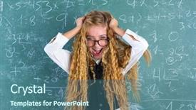  Presentation with chalk board - Slides consisting of crazy nerd blond student girl holding hair surprised expression in green chalk board background and a ocean colored foreground